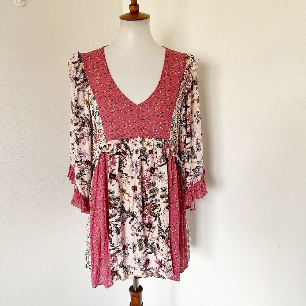 GiGio Oversized Tunic Blouse Top Shirt Dress Size Medium Floral Cottagecore Boho - Picture 2 of 16